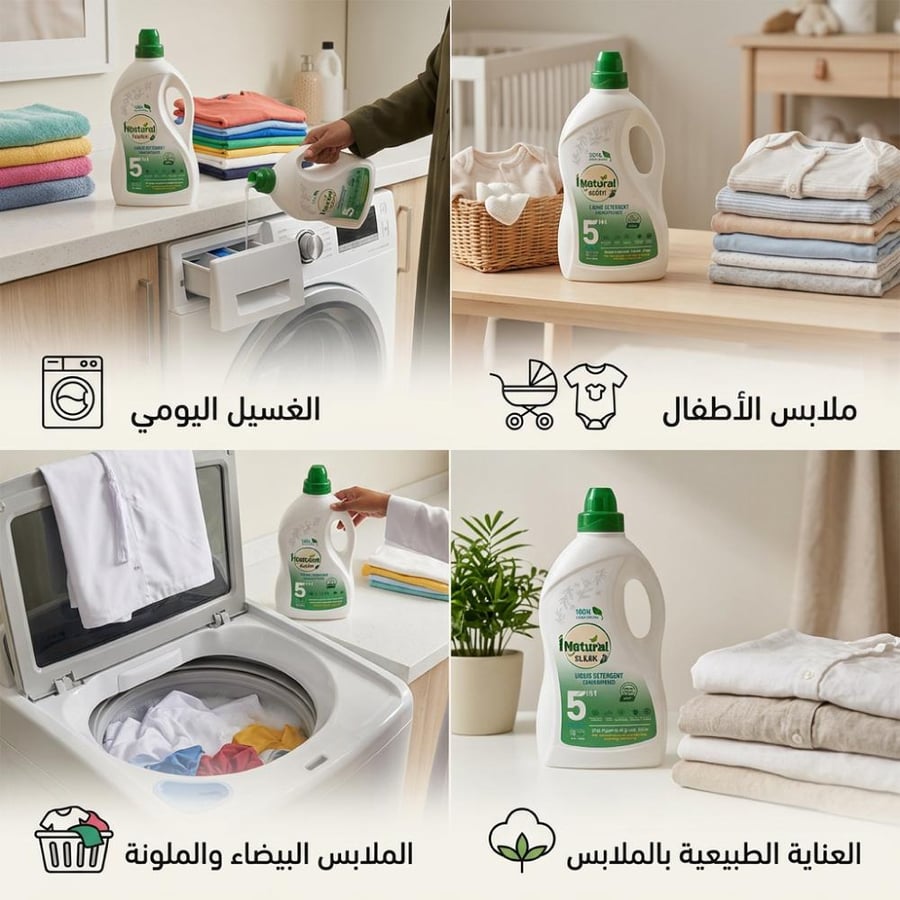 سائل غسيل E Natural طبيعي 5 في 1 يظهر بجانب غسالة مع ملابس ملونة ورف