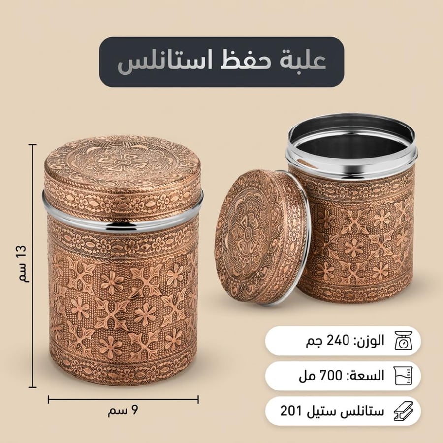 علبة بهارات ستانلس ستيل مزخرفة باللون البرونزي مفتوحة وموضوعة بجانبها