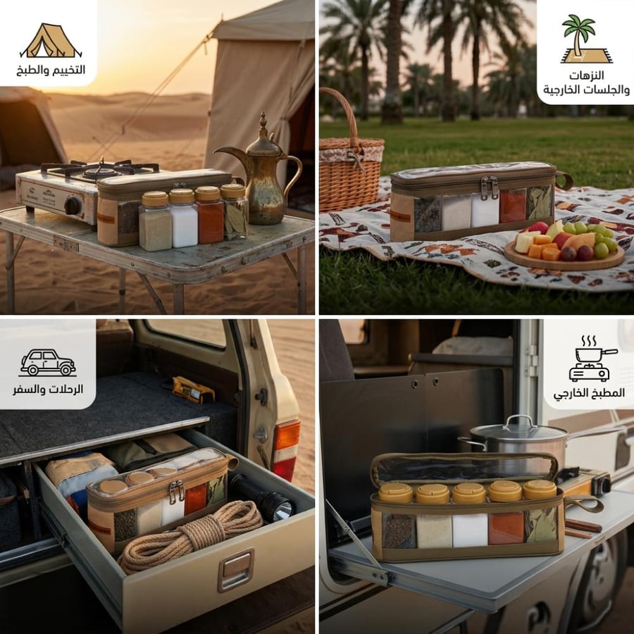 طقم علب بهارات للرحلات يظهر داخل صندوق سيارة للمحافظة على التنظيم