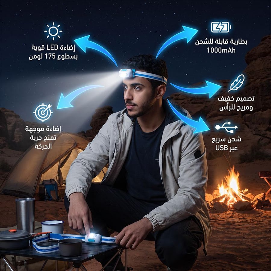 كشاف رأس LED مع بطارية قابلة للشحن وتصميم خفيف ومريح مثالي للأنشطة