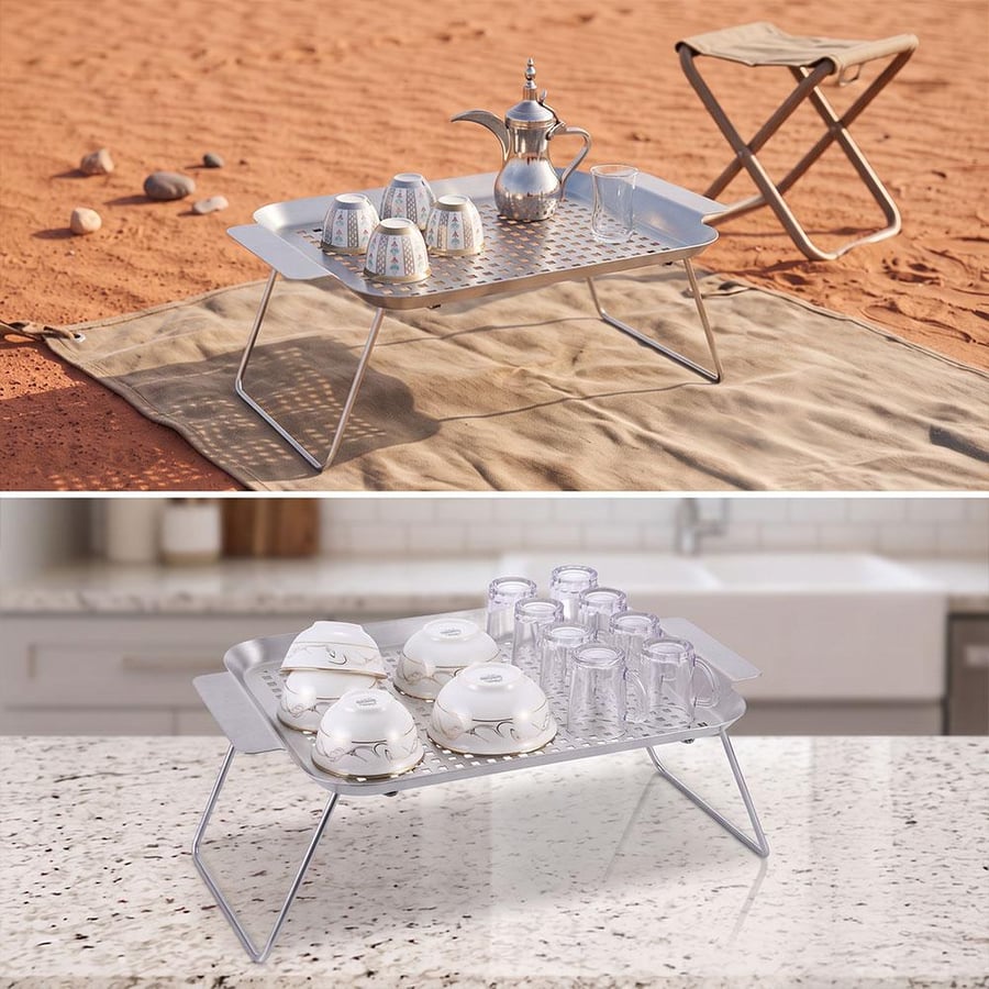 طاولة تنشيف اواني حديد قابل للطي فضي 42.5 × 25.5 × 16 سم لرحلات البر