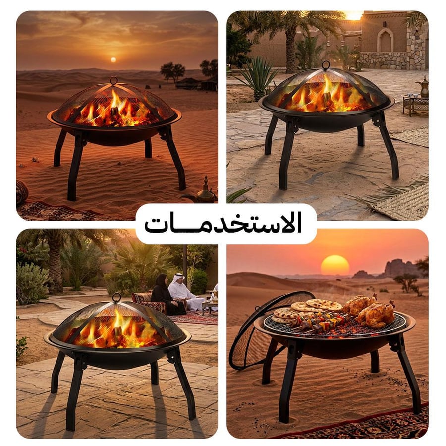 شواية فحم متنقلة من الحديد ت ظهر استخدامها لطبخ اللحوم في جلسة خارجية