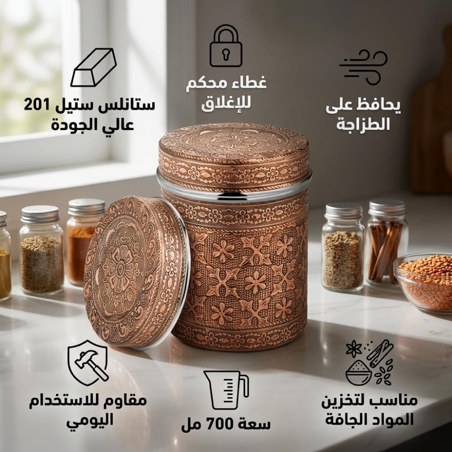 علبة بهارات مزخرفة بتصميم جذاب وغطاء محكم تحفظ التوابل طازجة وسعتها