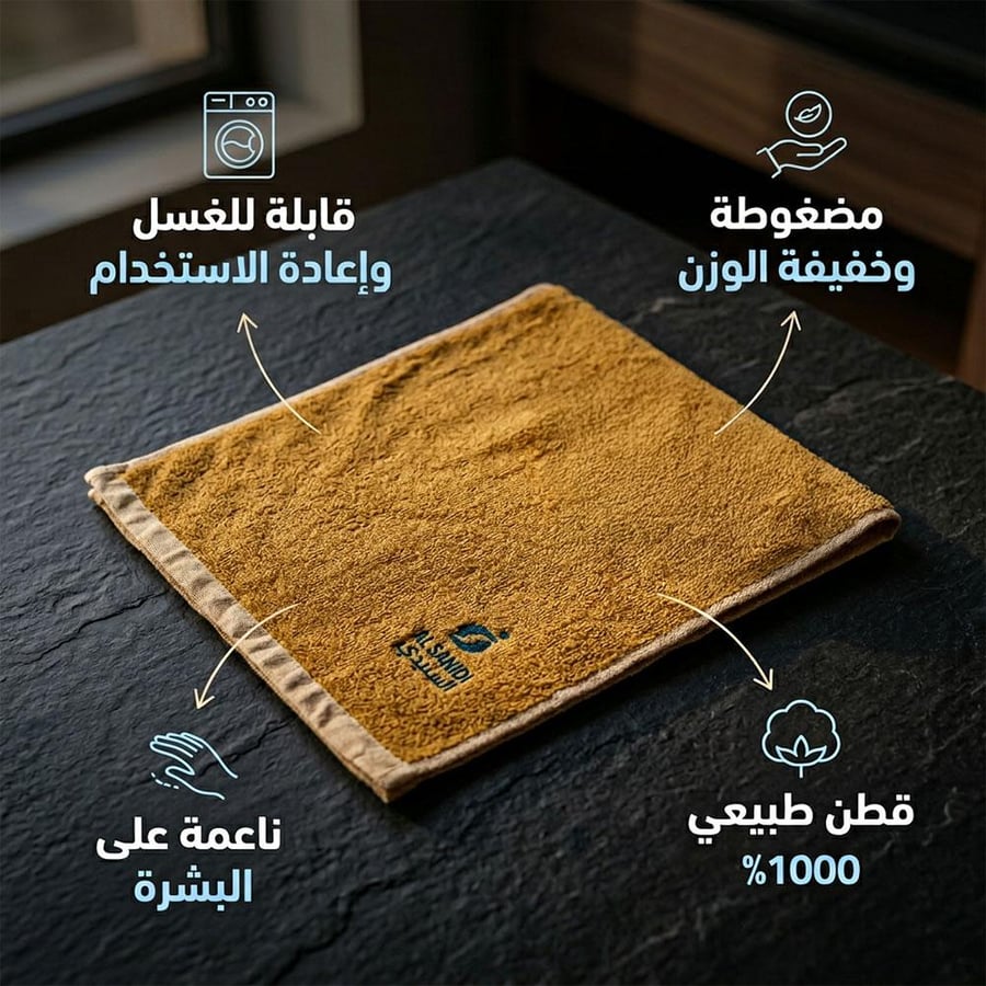 منشفة قطنية بلون رملي موضوعة على سطح داكن ت ظهر خاصية الغسل وإعادة