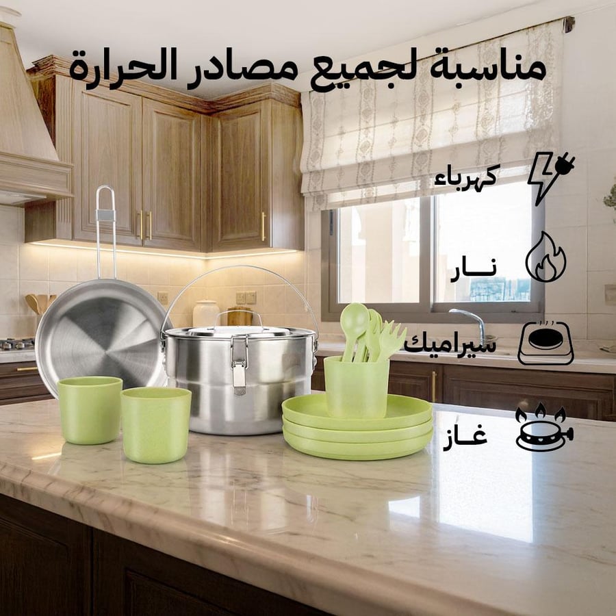 طقم طهي ستانلس فضي على مطبخ خشبي يظهر تحم ل الحرارة للكهرباء والنار