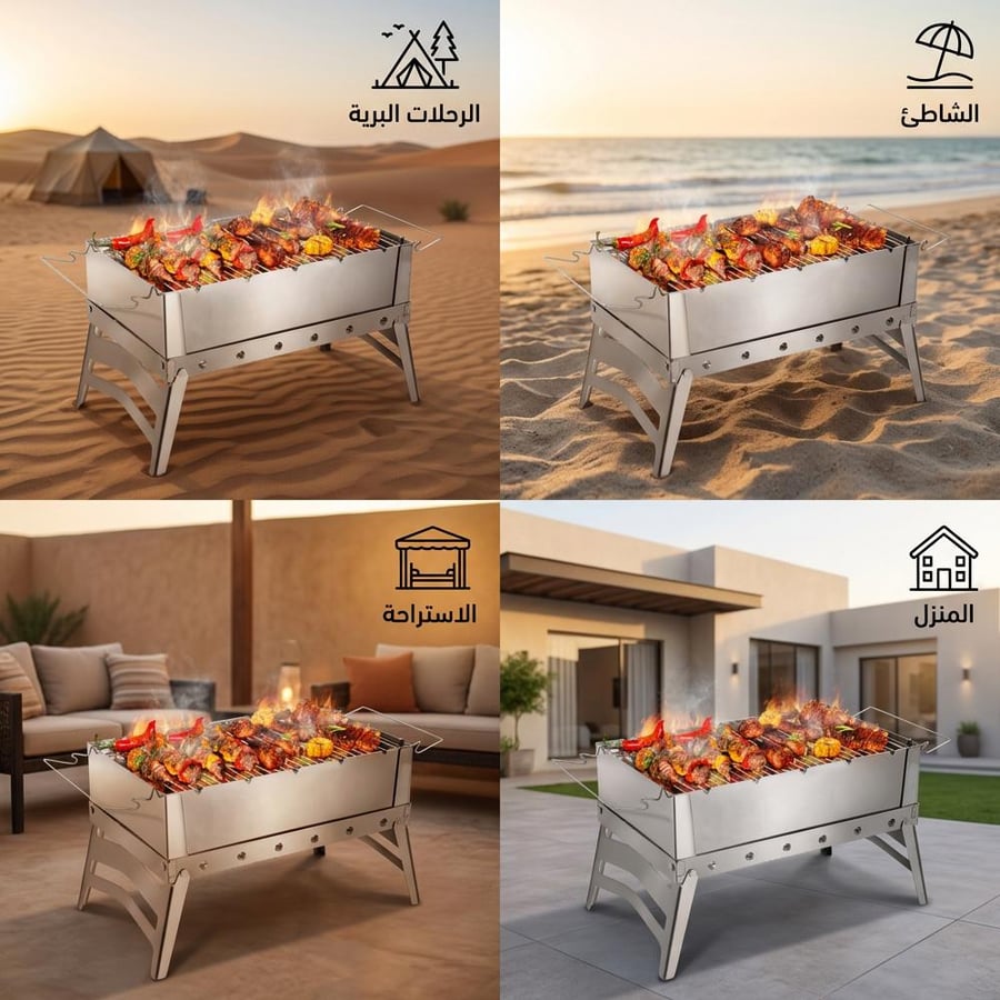منقل وشواية رحلات مستطيل من الستانلس ستيل مقاس 50 × 25 × 25 سم فضي