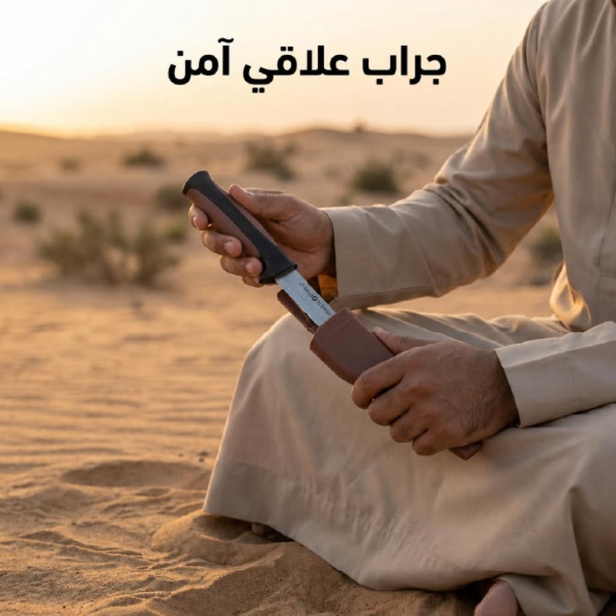 رجل يجلس في رمال الصحراء يمسك سكين صياد من السنيدي مغمد في فيبر بني