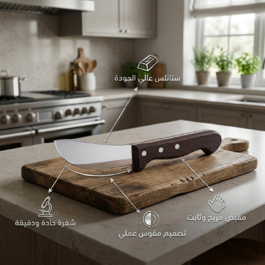 سكين مطبخ بشفرة فولاذية مقوسة ومقبض بني ثابت على لوح خشبي بتصميم عملي