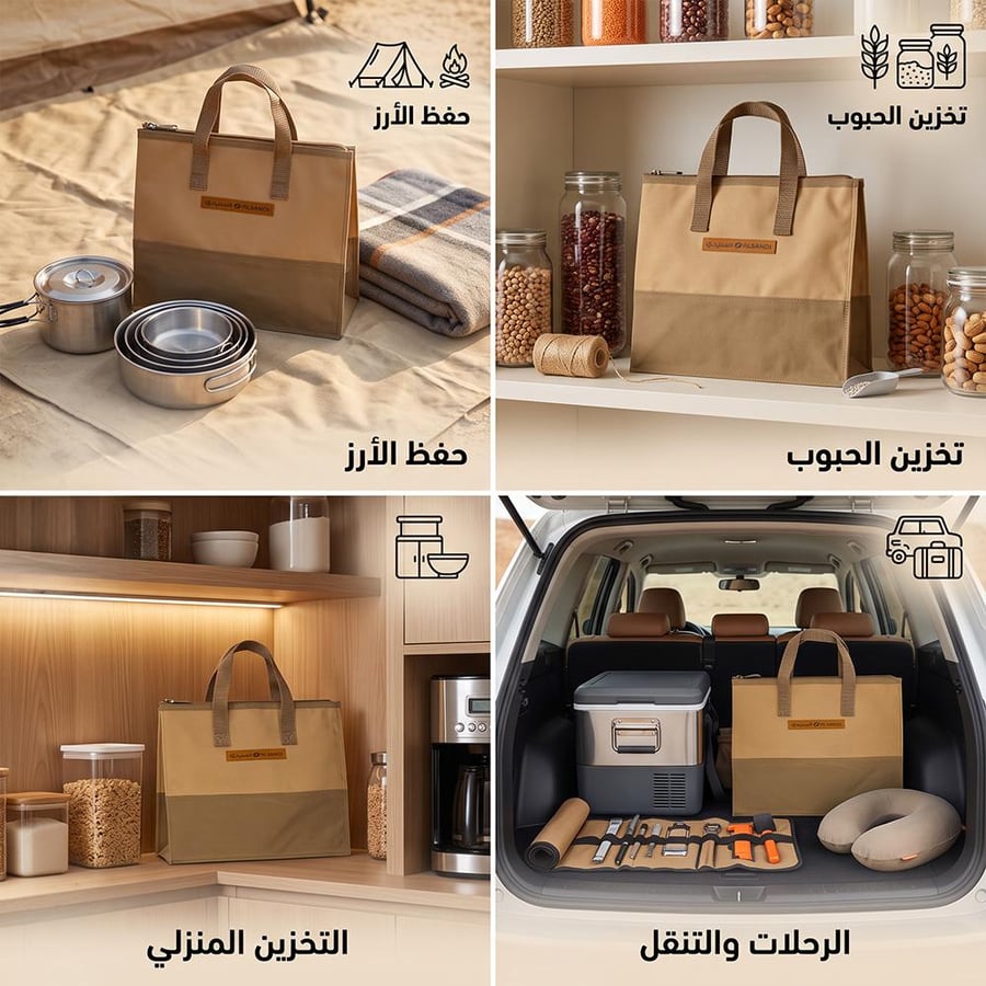 حقيبة كاكي لتخزين الأرز للاستخدام في الرحلات والمطبخ مريحة ومستقرة