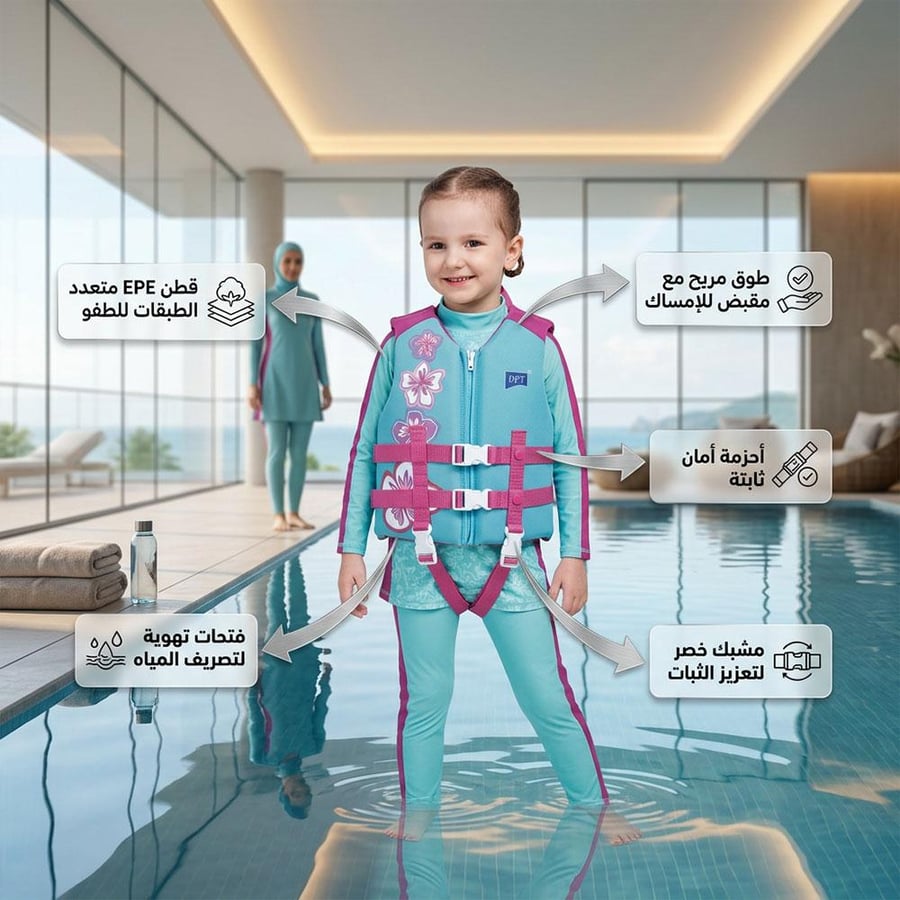 طفلة ترتدي سترة سباحة وردية في مسبح داخلي توضح طوق مريح وأحزمة أمان