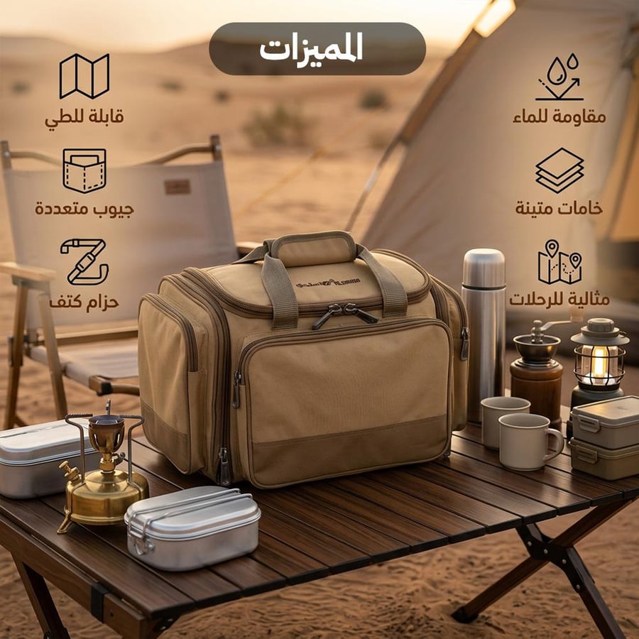 حقيبة كاكي وسط مع سحاب توسعة وميزات للرحلات تتضمن أداة لتحضير القهوة