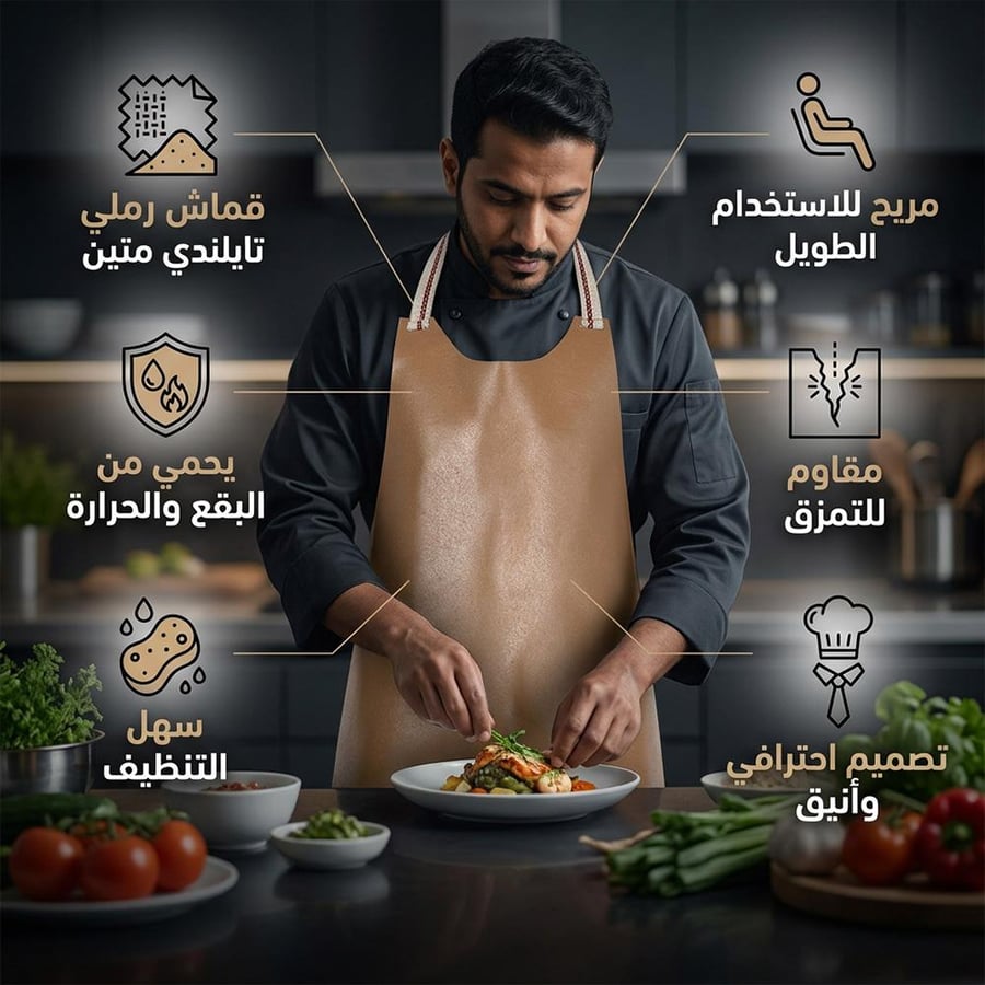 مريلة طبخ تايلندية بلون رملي مع تفاصيل تبرز حماية وميزات المنتج في