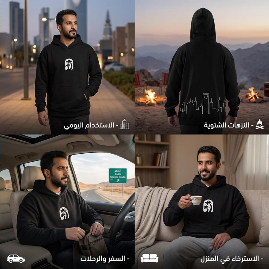 سويت شيرت قطن أسود بغطاء رأس يظهر في بيئات متنوعة في التنزه والمخيم