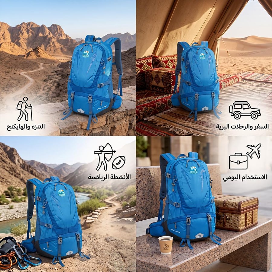 حقيبة الرحلات البرية 35 لتر زرقاء موضوعة في بيئات مختلفة توضح