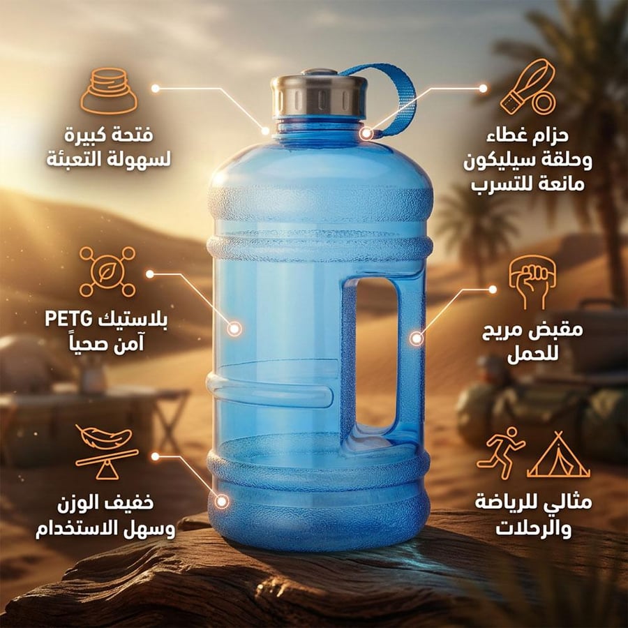 قارورة ماء زرقاء 2 2 لتر مع غطاء سيليكون ومقبض مصنوعة من بلاستيك PETG