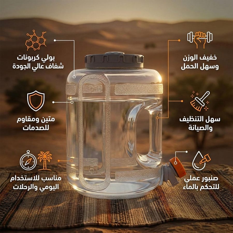 زجاجة مياه 5 لتر بصنبور مصنوعة من بولي كربونات شفاف وخفيفة الوزن