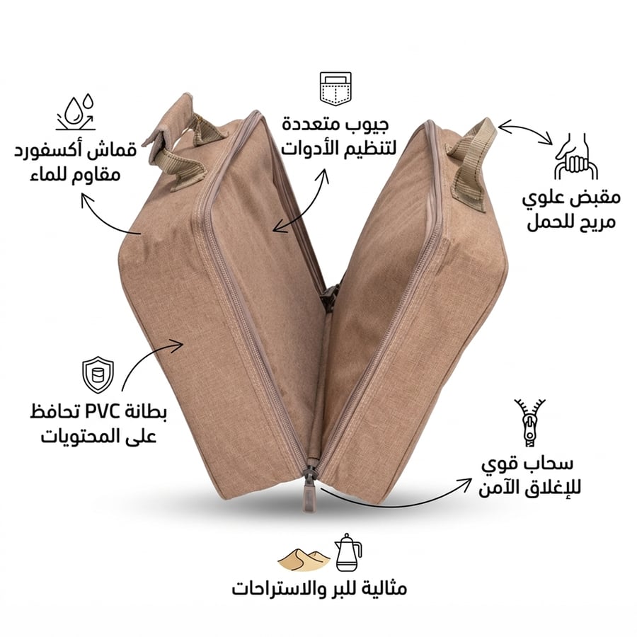 شنطة السنيدي تظهر نصفين موصولين بسحاب متين مع جيوب متعددة ومقبض قوي