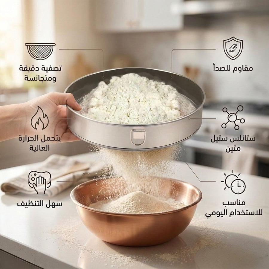 غربال دقيق من الستانلس ستيل ينخل الدقيق بسهولة بفضل الشبكة الدقيقة