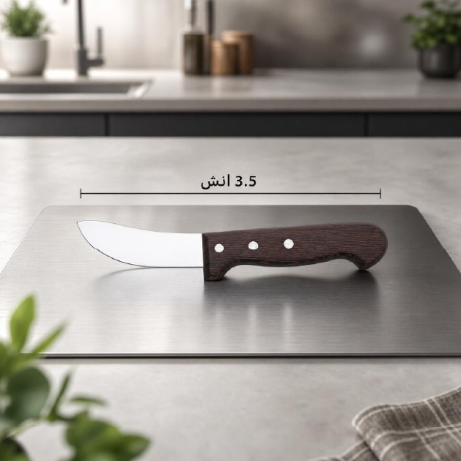 سكين مطبخ 3 5 إنش بنصل فولاذ مقبض خشب بني على طاولة مطبخ حديثة