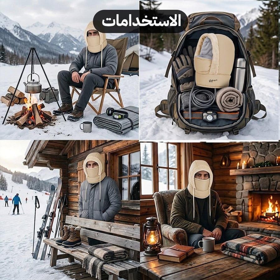 قبعة شتوية متعددة الاستخدامات باللون البيج معروضة أثناء التخييم