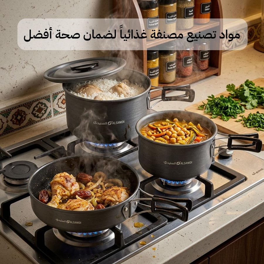 طقم أواني ألمنيوم من السنيدي يضم قدور ا ومقلاة على موقد يظهر الطعام