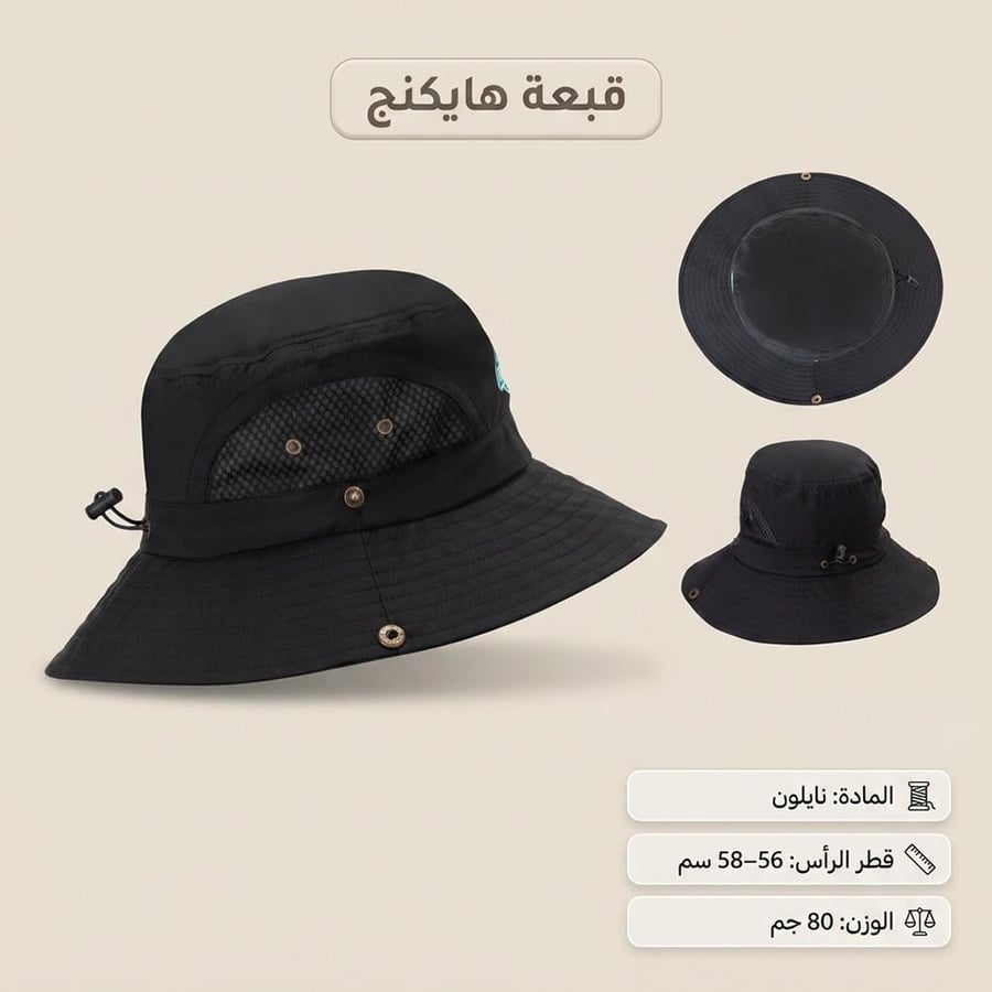 طاقية نايلون دائرية سوداء بتصميم عملي للهايكنج والتخييم بفتحة تهوية
