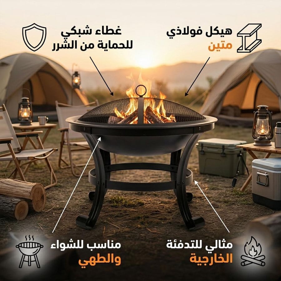 موقد حطب دائري من الفولاذ مع غطاء شبكي للتدفئة والطهي في الهواء الطلق