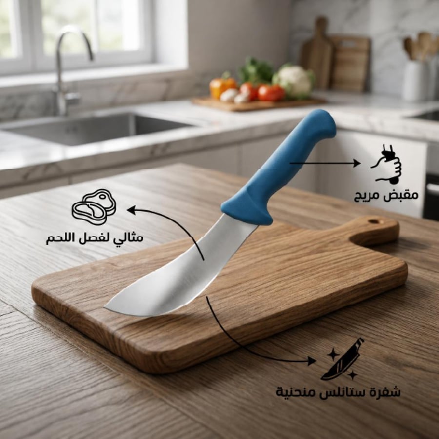 سكين جزار 6 بوصة بيد بلاستيك تركواز ومقبض مريح على لوح تقطيع خشبي في
