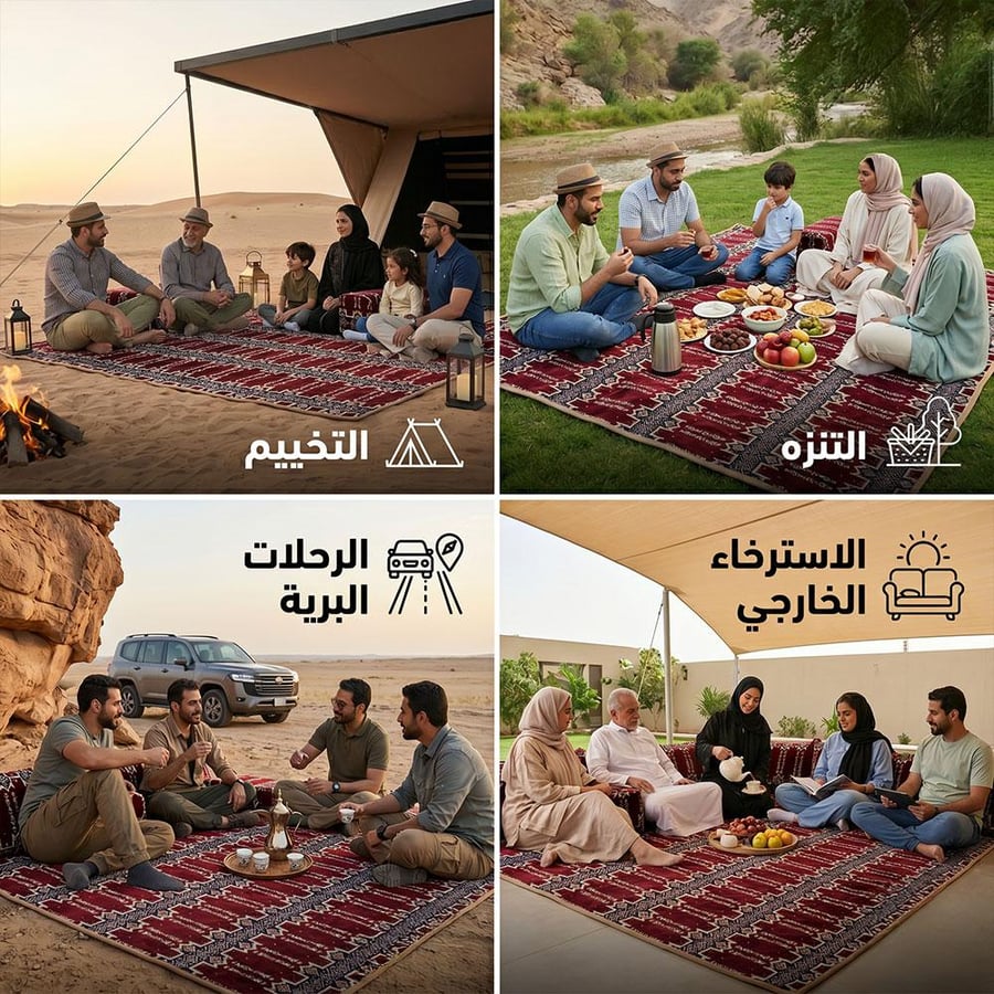 أشخاص يجلسون على مفرش واسع في البر يتبادلون الحديث والطعام في جلسة