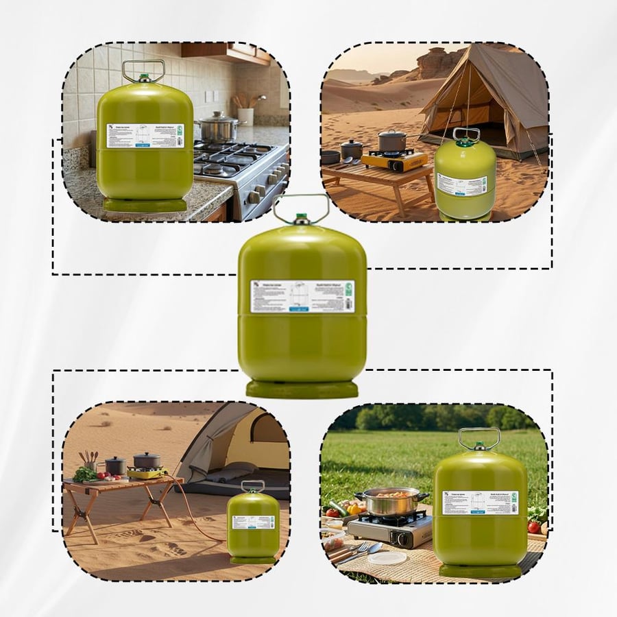 دبة غاز تفاحي 5 كجم على طاولة بيكنيك وأخرى بإعدادات مخيم وصالة منزلية