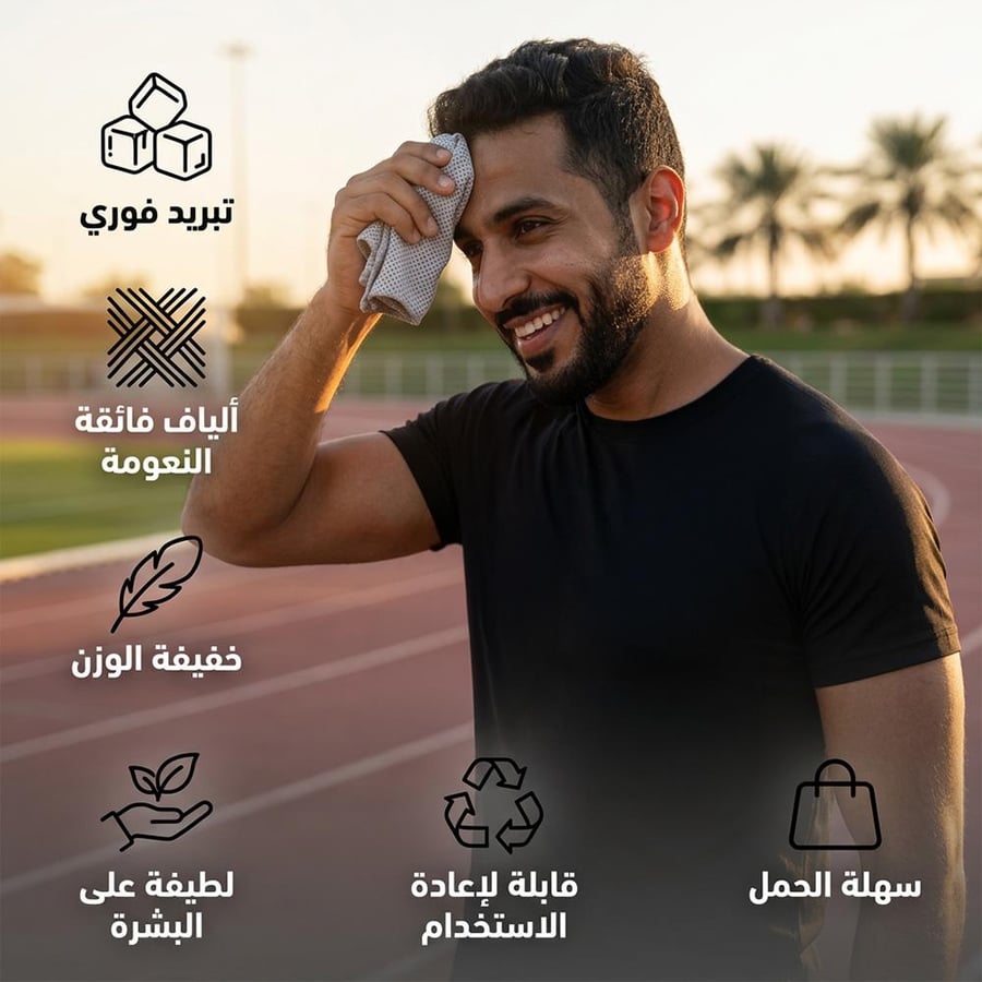 رجل يمسح وجهه بمنشفة تبريد طويلة من الألياف فائقة النعومة على مضمار