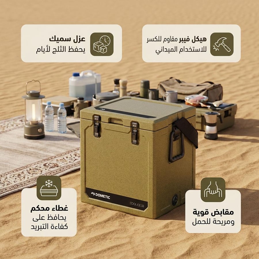 صندوق ثلج ضد الكسر 33 لتر فيبر زيتوني عملي للرحلات الطويلة والمقناص