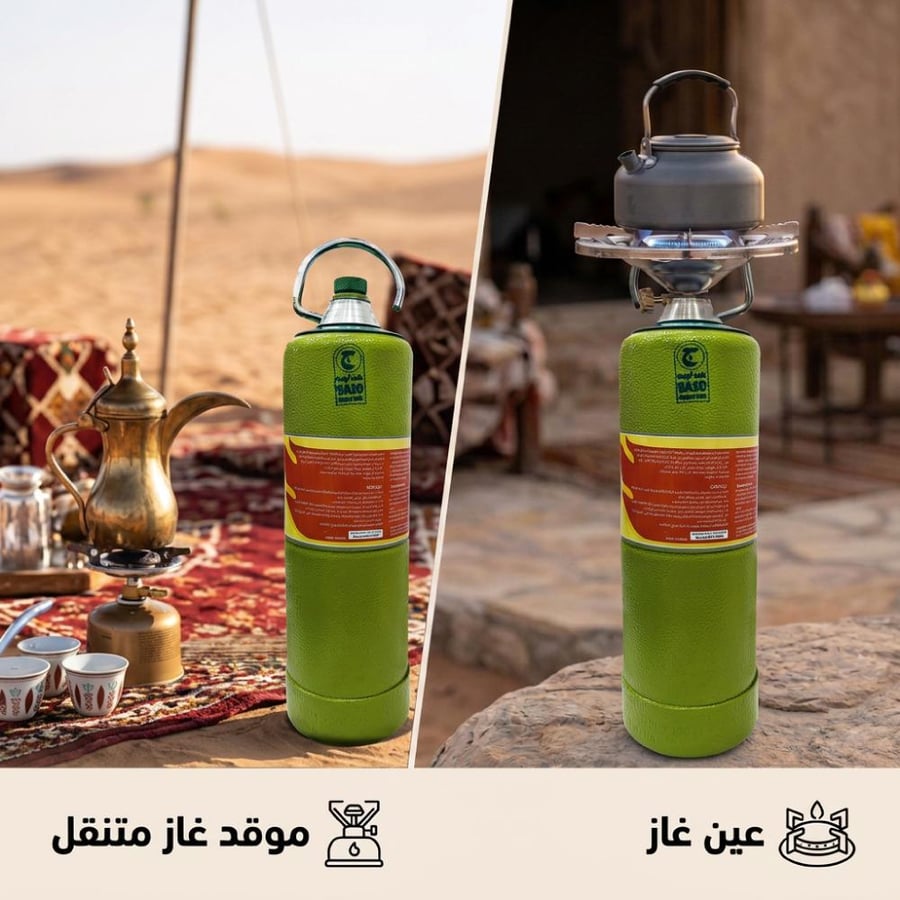 دبة غاز هندية خضراء قابلة للتعبئة في مشهد خارجي تعرض استخداماتها مع