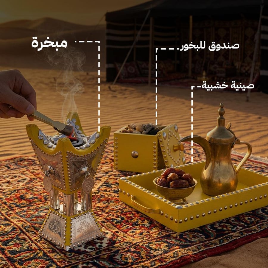 طقم أدوات بخور تراثية يضم مبخرة وصينية خشبية وصندوق بخور لإضافة رائحة