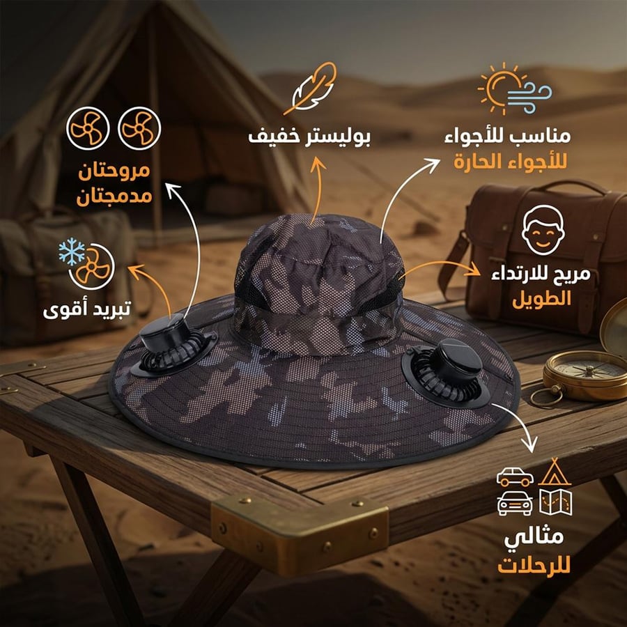 قبعة جيشي ممو ه بمروحتين شمسيتين للتبريد في الشمس مصنوعة من بوليستر