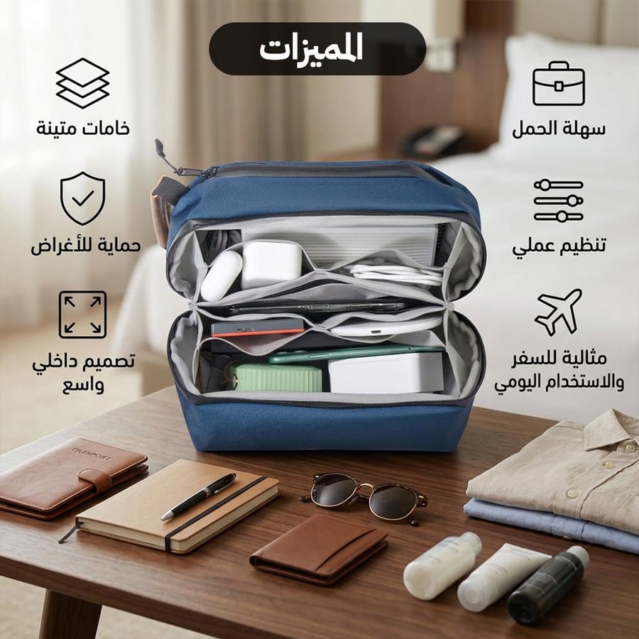 شنطة زرقاء للسفر بجيوب متعددة لتنظيم الأغراض الشخصية بسهولة وتنقل