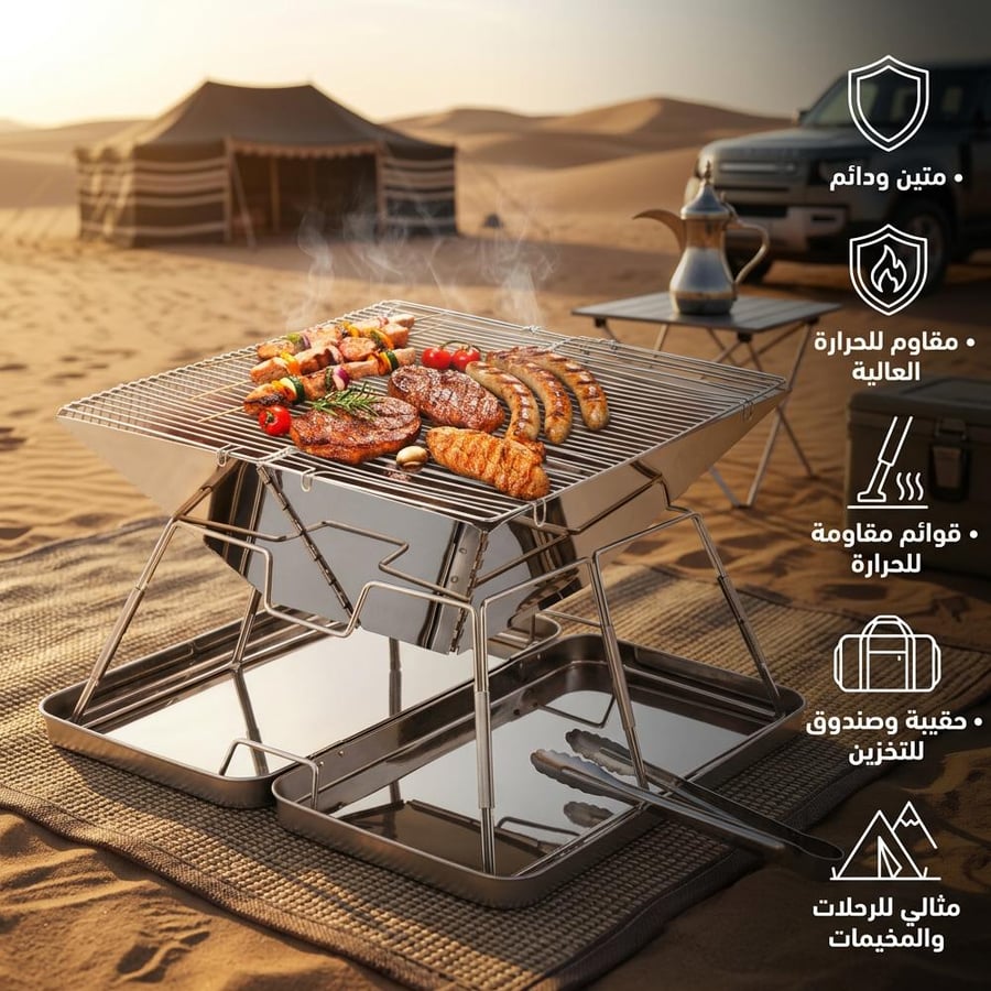 منقل وشواية رحلات هرمي من الستانلس ستيل مقاس 30 × 30 × 22 سم فضي