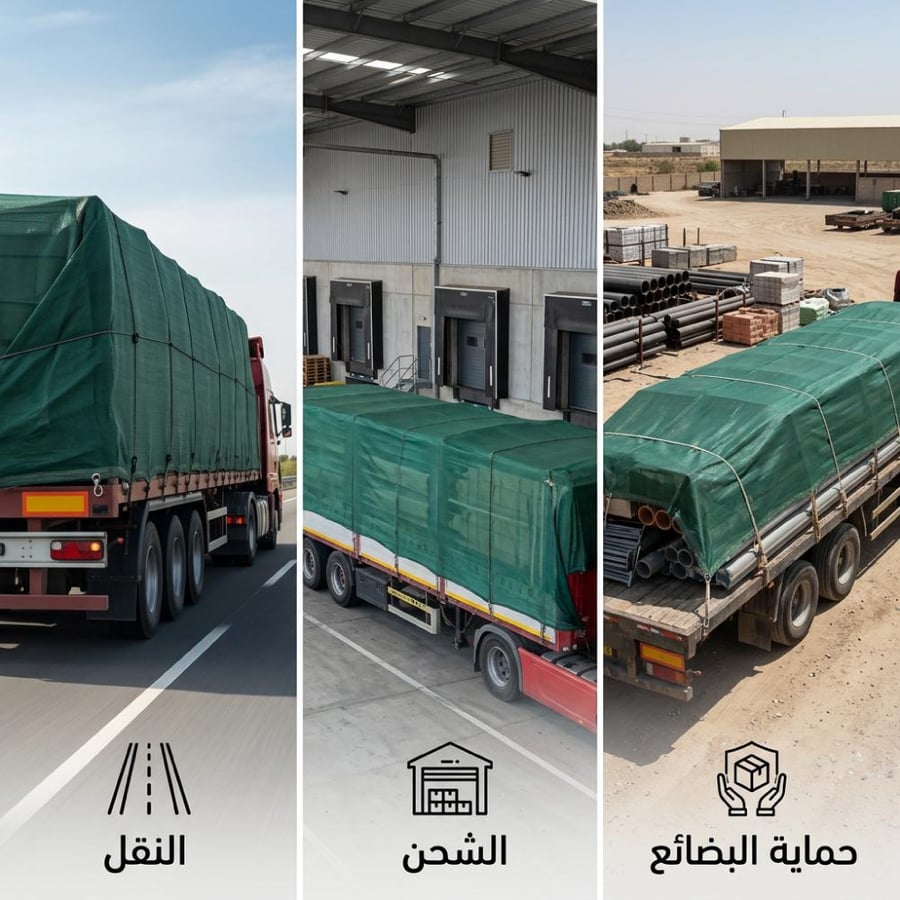 شراع تريلة شبك أخضر يغطي حمولة شاحنة لحمايتها من الشمس والغبار على