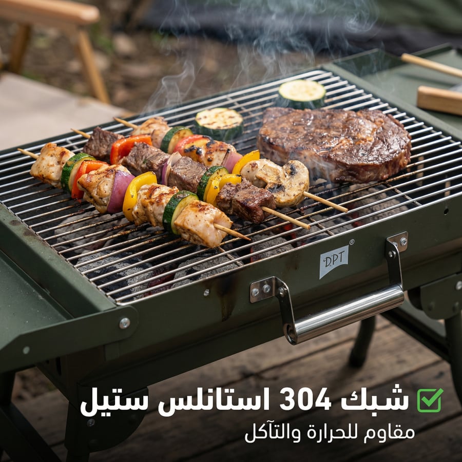 شواية فحم معدنية مطلية بلون جيشي مع شبكة ستانلس ستيل تحمل أسياخ لحم