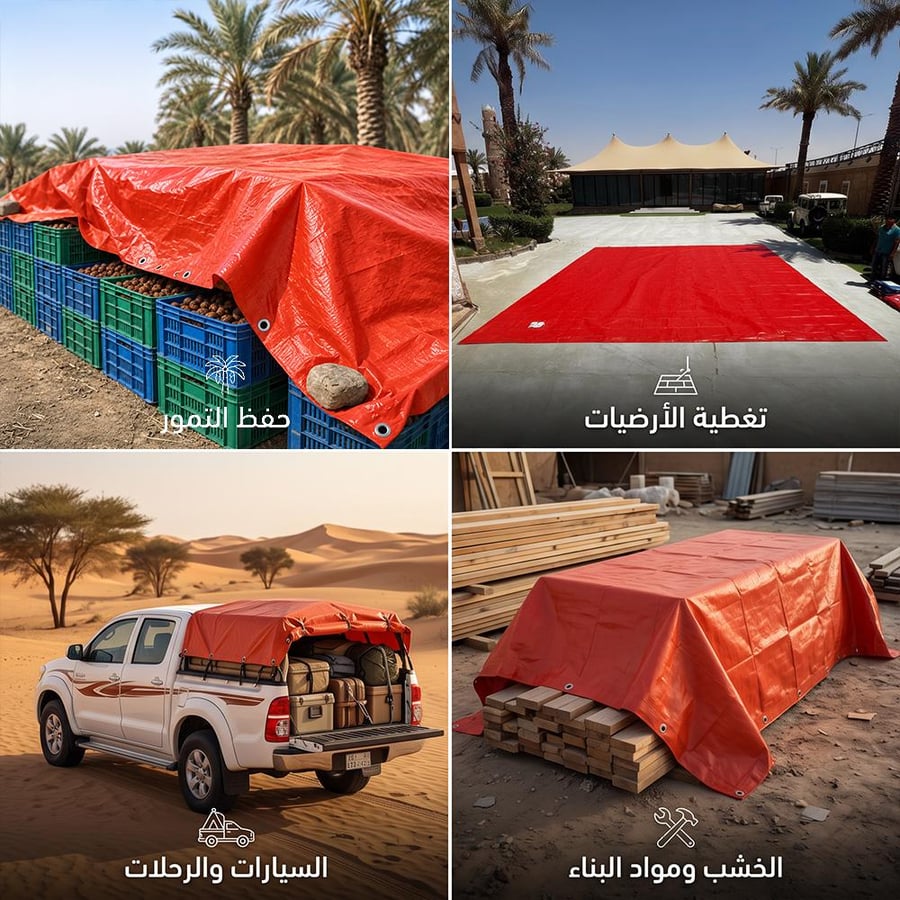 شراع بلاستيك برتقالي يغطي مواد البناء والخشب لحمايتها من العوامل