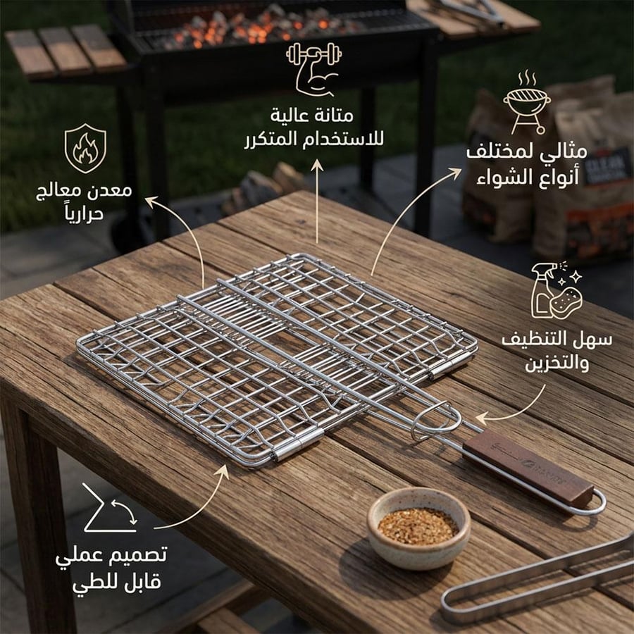 شبك شوي بحجم مصنوع من معدن معالج حراري ا مثالي للشواء ويتميز بسهولة