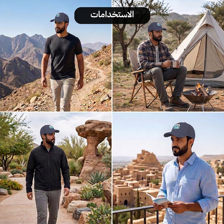 رجل يرتدي قبعة هايكنج زرقاء سريعة الجفاف جالس يقرأ ورقة بجانب خيمة في
