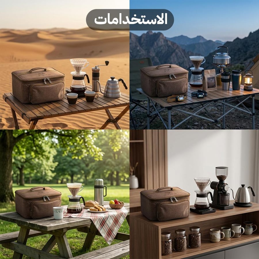 حقيبة قهوة عودي على طاولة تجهيزات رحلات مثالية لتنظيم معدات القهوة