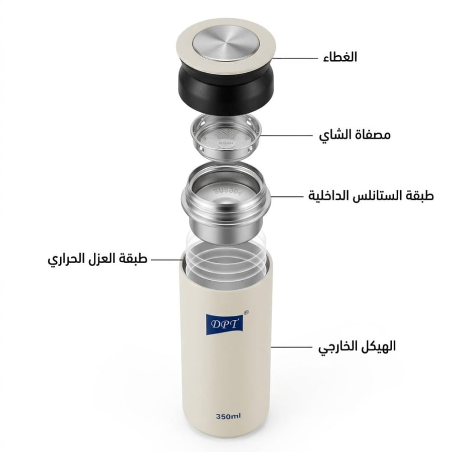 تصميم مبين لحافظة السوائل بيج يوضح الغلاف مصفاة الشاي وطبقات الستانلس