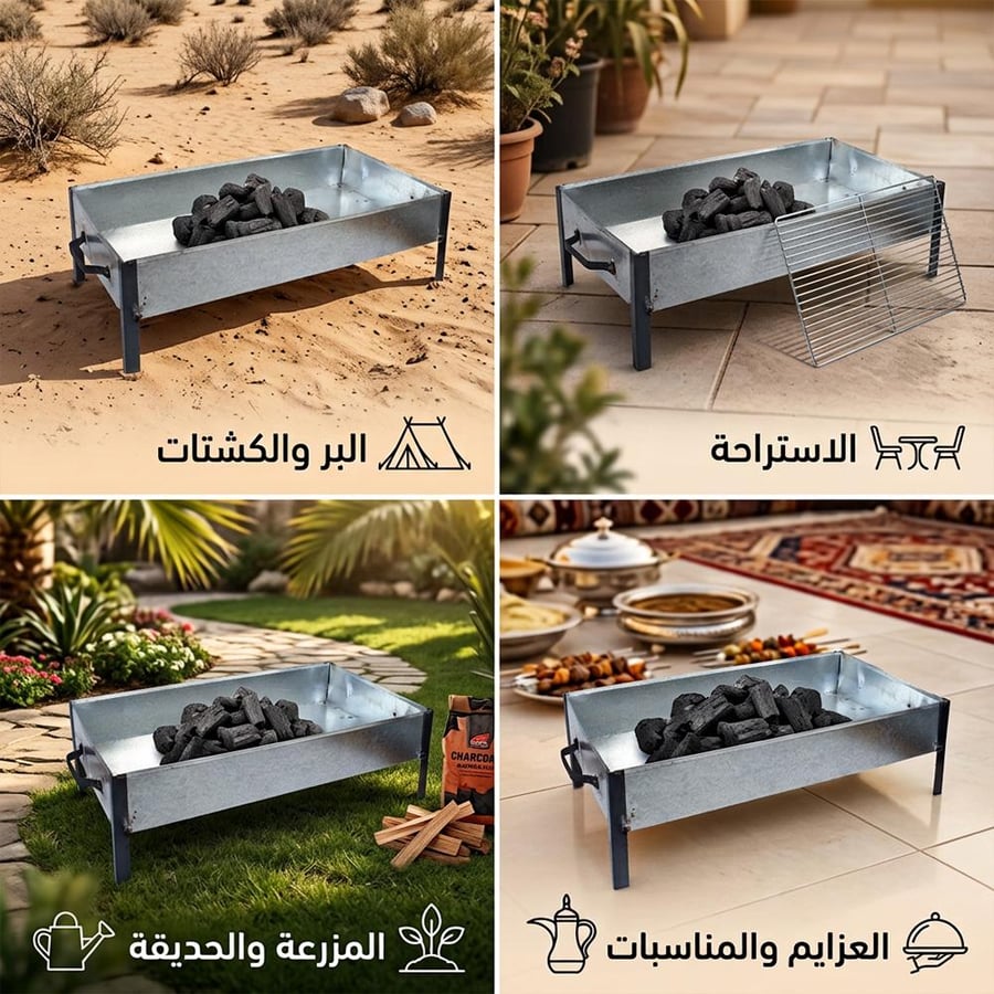 منقل فحم 35×60 سم فضي حديد صلب للشواء في البر والاستراحات والعزايم