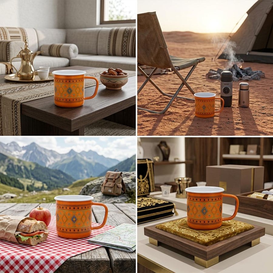 Shinko Metal Cup with Najdi Pattern 350ml Orange for Coffee and Trips