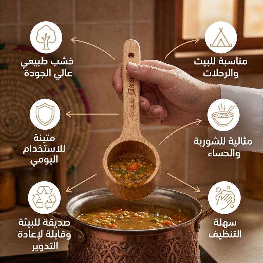 ملعقة خشب صغيرة للتذوق والتقديم موضوعة فوق قدر شوربة ساخن مصنوعة من