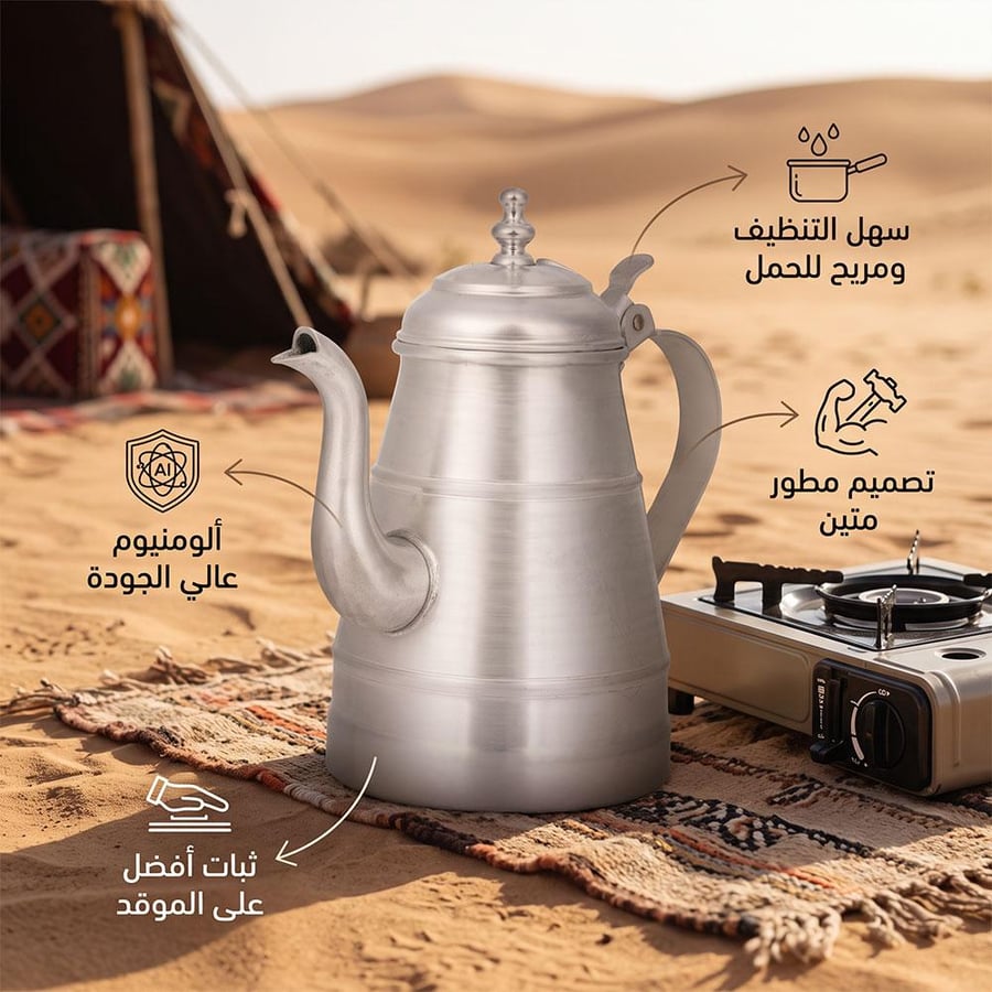 مفواح قهوة الومنيوم مطور بسعة 1.5 لتر بتصميم عملي محسن لتفويح بن المجالس
