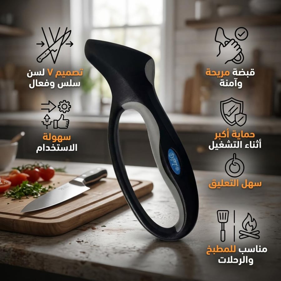 مسن شحذ بلون أسود ومقبض مريح وآمن يظهر على طاولة مطبخ بجانب سكين مع