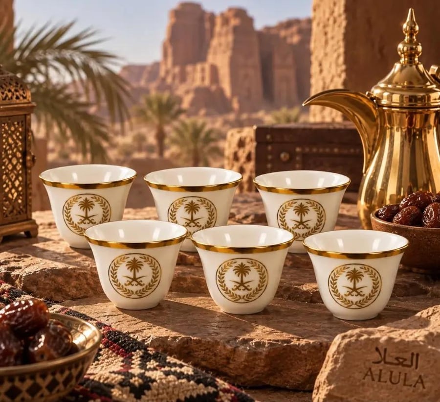 طقم 12 فنجان قهوة سعودية أبيض وذهبي - 6698